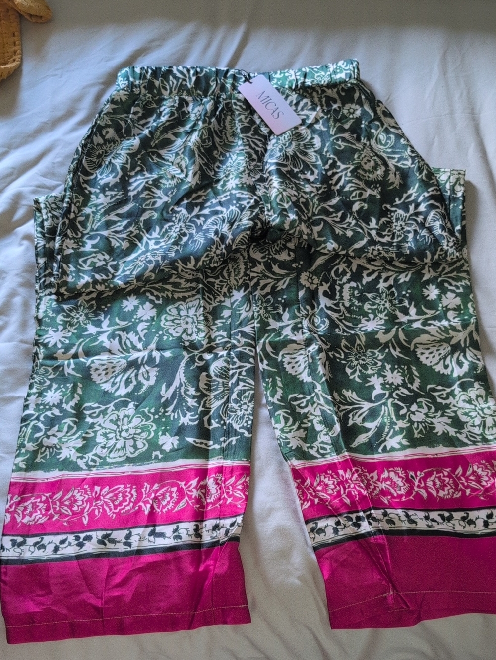 Green Floral Wide Leg Pants with Pink Border - MICS